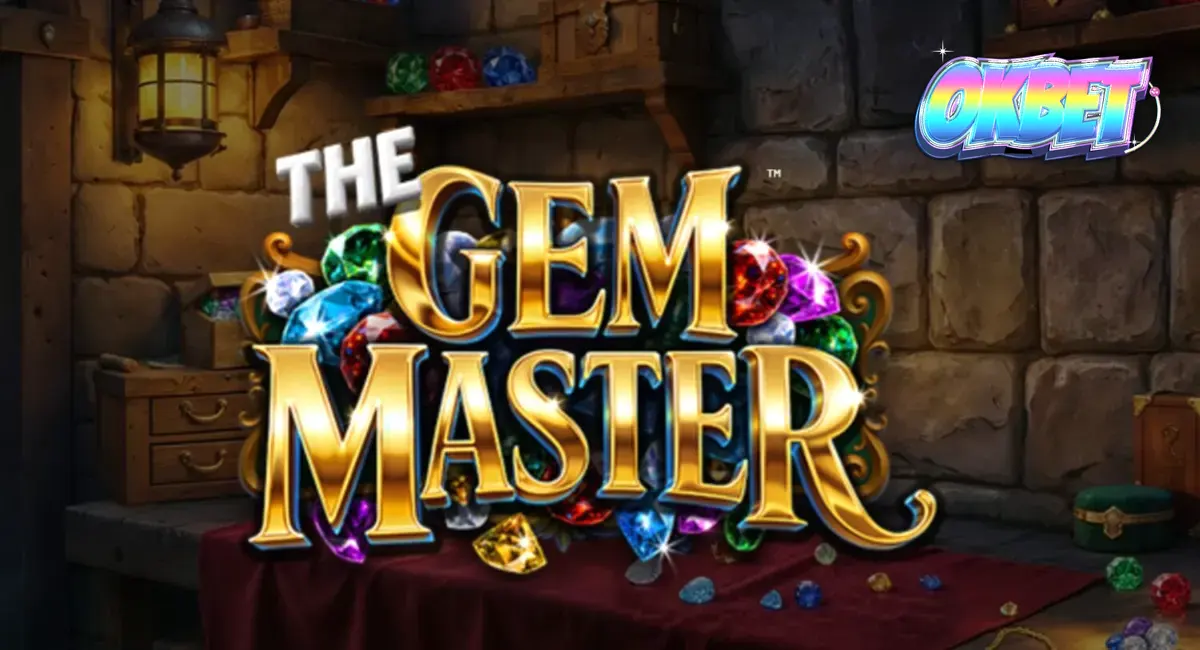 The Gem Master slot game interface na may mga kumukutitap na hiyas at gintong disenyo.